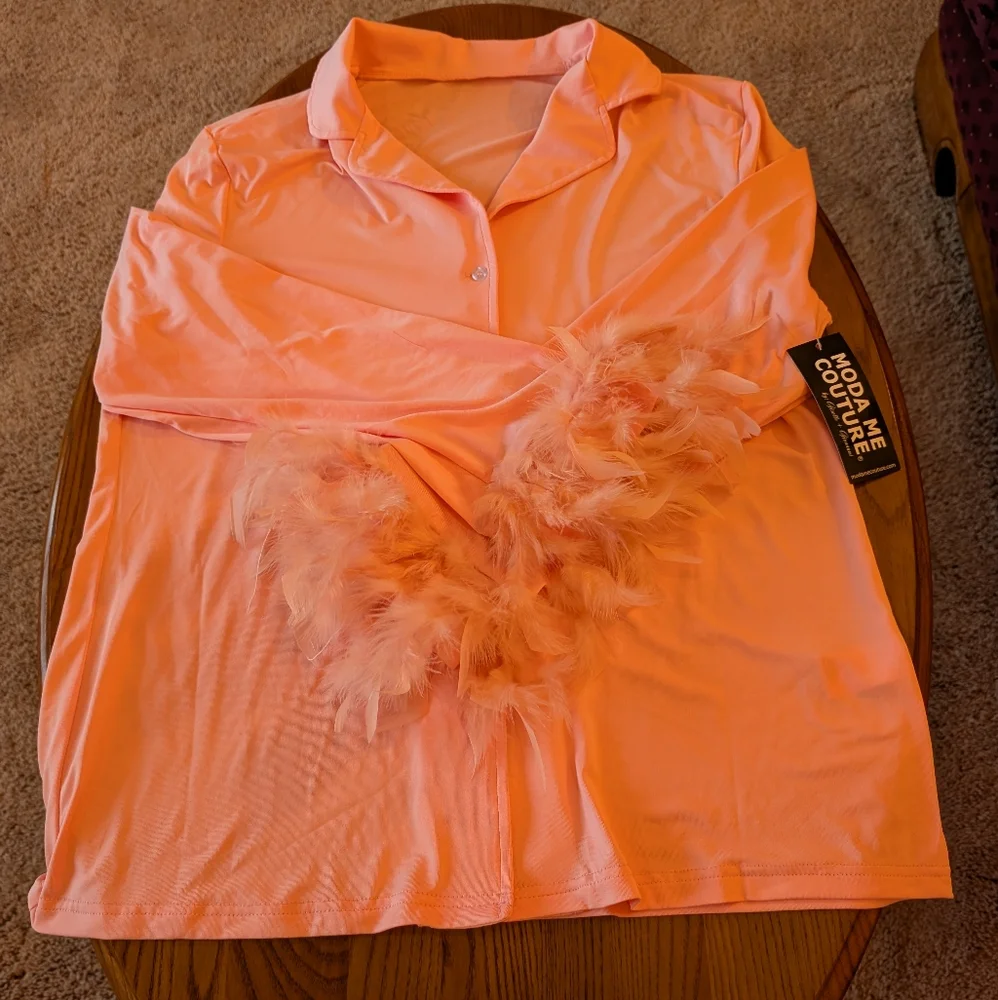 Moda Me Couture Peachy-Pink Feather Trimmed Pajamas Set, Size L - NEW - Picture 5 of 12
